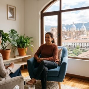 Persona sentada en un consultorio de psicología luminoso en Cuenca