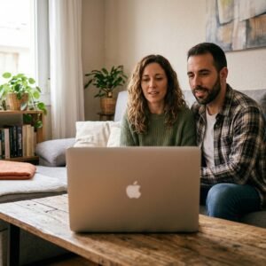 Pareja frente a una laptop en una sesión de terapia online desde su casa